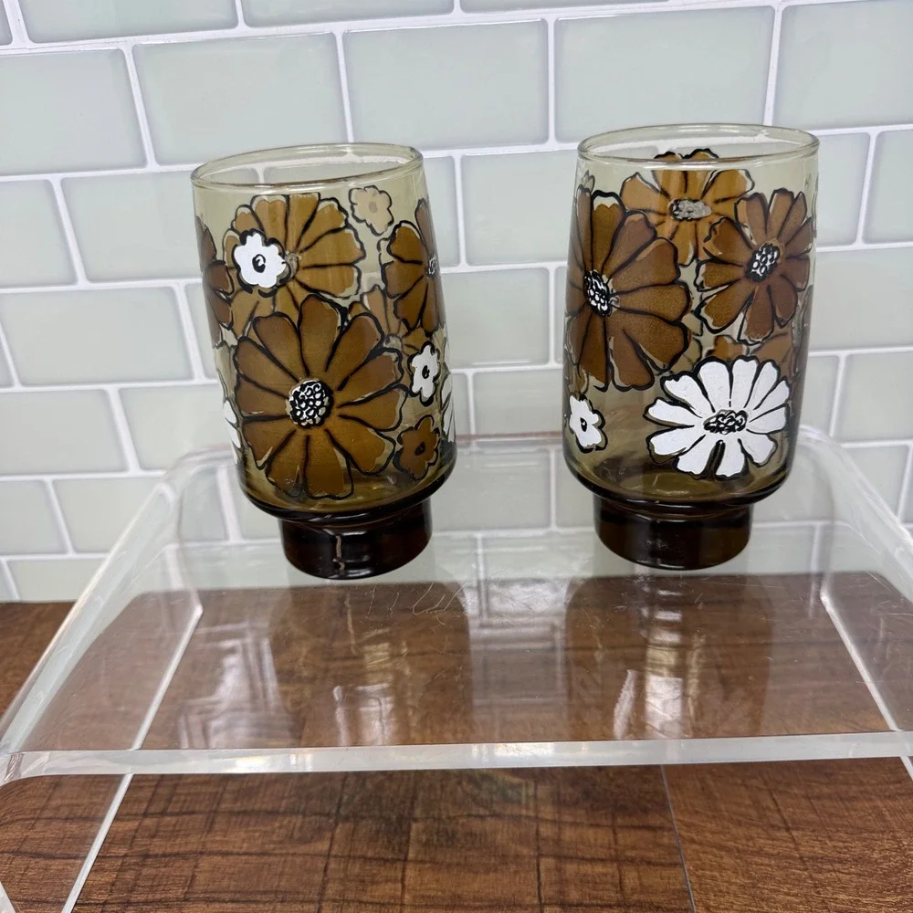 Vintage 1970s Libbey Camellia Tawny Glass Floral Tumblers - Set of 2